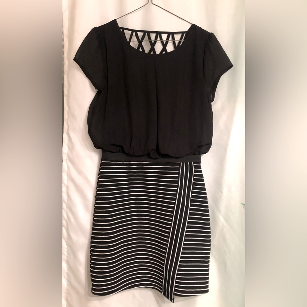 Black dress with attached white stripe skirt